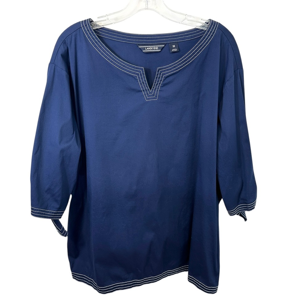 Lands' End Plus Size 18 Top Navy Blue‎ Notched V-Neck Tunic Nautical Sailor 134